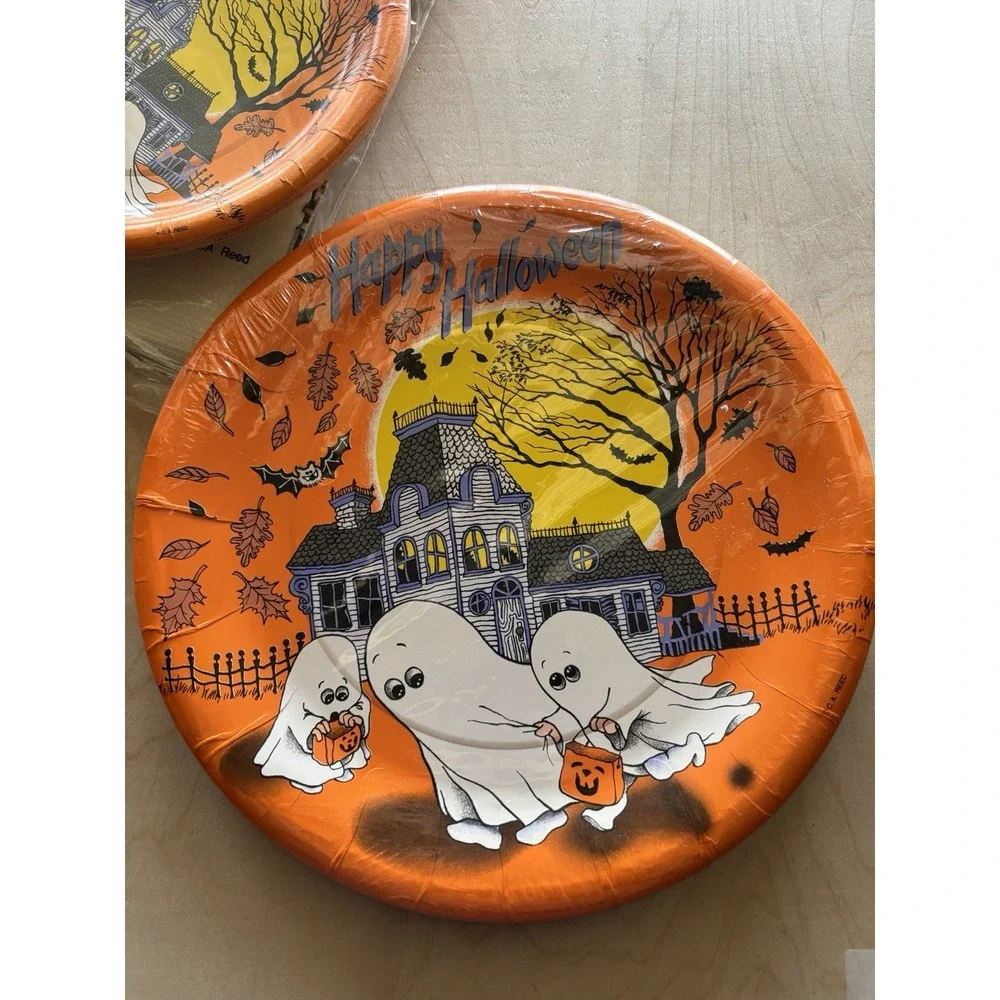 Vtg Halloween Party LOT of 5 CA Reed Haunted House Ghost Plates Tablecloth Cups